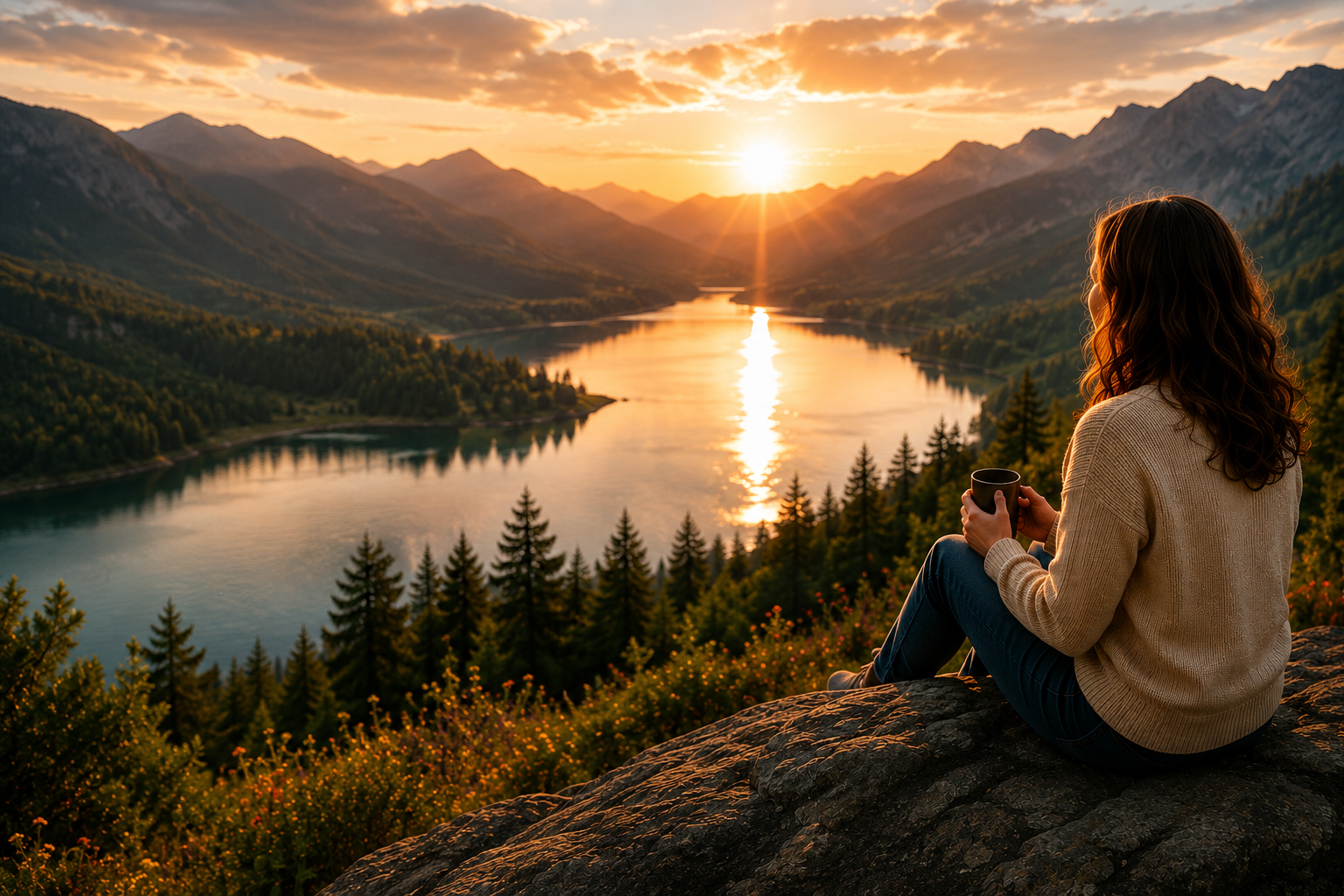 Woman looking at a sunrise over a mountain lake