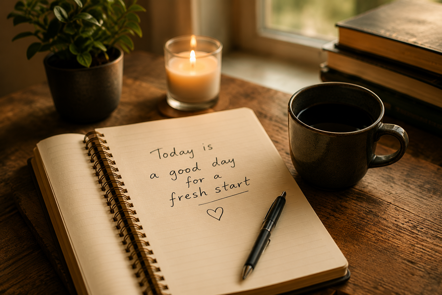 Journal that reads You are stronger than you think, beside a candle and coffee